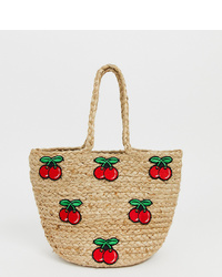 Beige Embroidered Straw Tote Bag