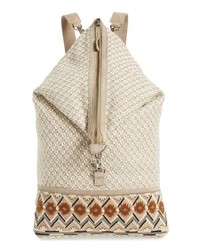 Beige Embroidered Suede Backpack