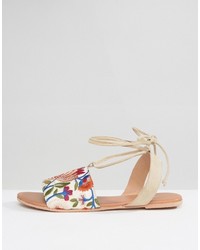 Asos Femme Suede Embroidered Tie Leg Flat Sandals