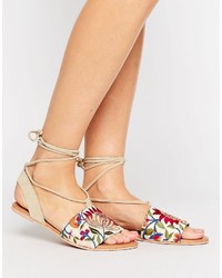 Asos Femme Suede Embroidered Tie Leg Flat Sandals
