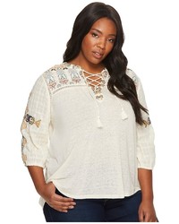 Lucky Brand Plus Size Lace Up Embroidered Top Long Sleeve Pullover