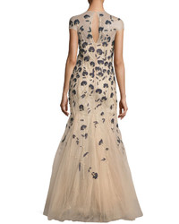 Carolina Herrera Carnation Embroidered Tulle Mermaid Gown Neutral Pattern