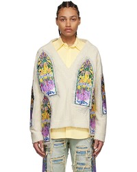 Beige Embroidered V-neck Sweater