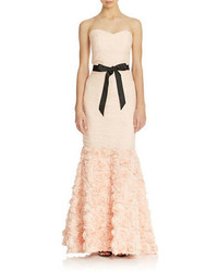 JS Collections Strapless Shirred Mesh Gown With Flowered Skirt