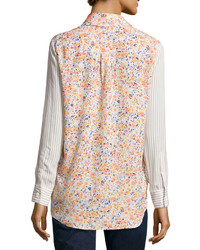Neiman Marcus Floral And Stripe Blouse Peach