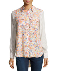 Neiman Marcus Floral And Stripe Blouse Peach