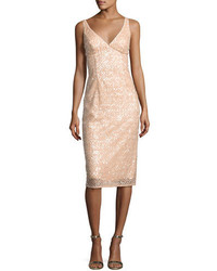 Milly Liz Sleeveless Sequined Floral Cocktail Dress Nude