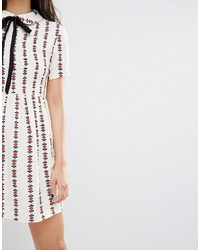 Motel Smock Dress With Ribbon Tie Neck In Linear Floral