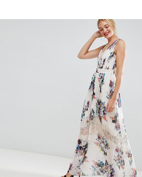 Little Mistress Tall Pleated Maxi Dress In Floral Print In Cream Multimulti