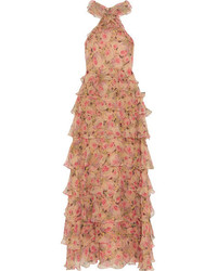 Vilshenko Sabina Tiered Floral Print Crinkled Silk Georgette Gown Neutral