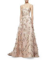 Carolina Herrera Sleeveless 3d Floral Embellished Gown Nude
