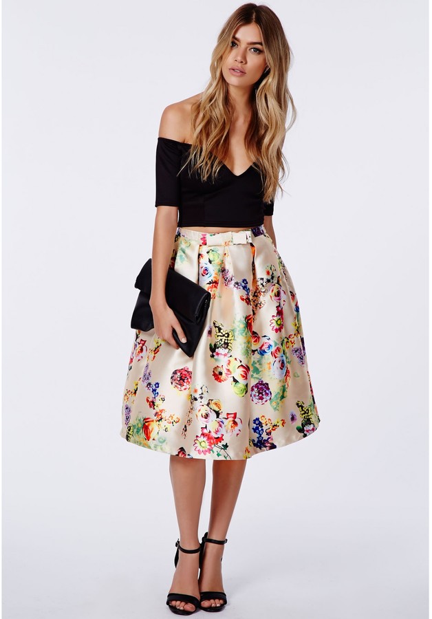 Missguided Heidi Floral Satin Full Midi Skirt Cream, $38 | Missguided ...
