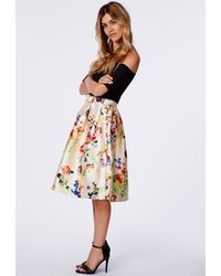 Missguided Heidi Floral Satin Full Midi Skirt Cream