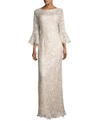 Rickie Freeman For Teri Jon Bell Sleeve Floral Lace Column Gown