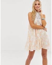 En Creme Swing Dress With Lace Top In Pastel Floral