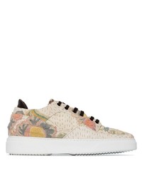 Beige Floral Leather Low Top Sneakers