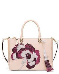 Beige Floral Leather Tote Bag