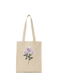 Beige Floral Leather Tote Bag
