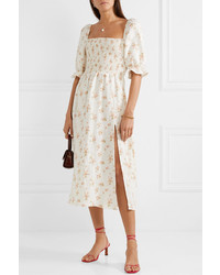 Reformation Marabella Shirred Floral Print Linen Midi Dress