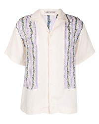 Beige Floral Linen Short Sleeve Shirt
