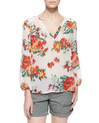 Joie Axcel Floral Ikat Printed Silk Blouse Porcelain