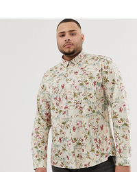 ASOS DESIGN Plus Slim Fit Floral Shirt In Ecru