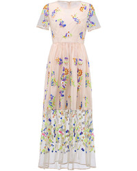 Choies Embroidery Floral Mesh Maxi Dress In Beige