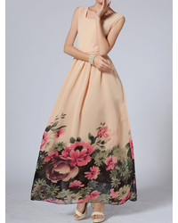 Choies Pink Maxi Dress With Floral Printed Hem