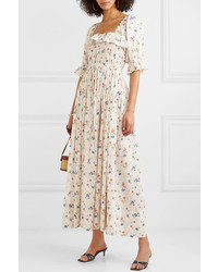 DÔEN Sol Shirred Floral Print Swiss Dot Cotton Voile Maxi Dress