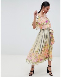 ASOS DESIGN Ruffle Top Bandeau Midi Dress In Floral Stripe Print