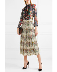 Gucci Crystal Embellished Pleated Printed Silk Twill Skirt