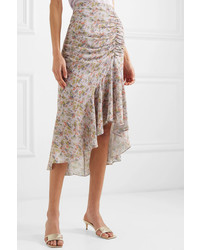 Alice + Olivia Freida Asymmetric Ruched Floral Print Crepe Midi Skirt