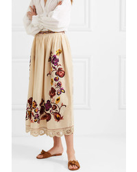 Ulla Johnson Yana Embroidered Linen And Cotton Blend Midi Skirt