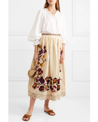 Ulla Johnson Yana Embroidered Linen And Cotton Blend Midi Skirt