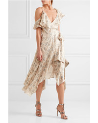Zimmermann Ruffled Floral Print Silk Satin Wrap Dress Beige