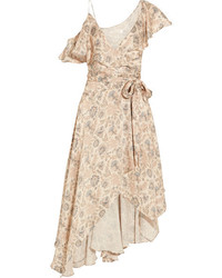 Zimmermann Ruffled Floral Print Silk Satin Wrap Dress Beige