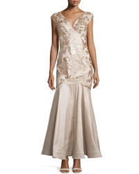 Marina Sleeveless V Neck Floral Sequined Gown Taupe