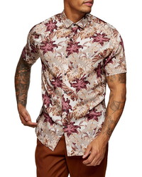 Topman Stone Floral Print Short Sleeve Button Up Shirt