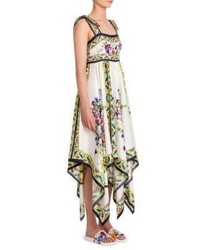 Dolce & Gabbana Floral Tile Print Silk Shoulder Tie Dress