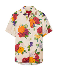 Beige Floral Silk Short Sleeve Button Down Shirt