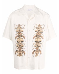Beige Floral Silk Short Sleeve Shirt