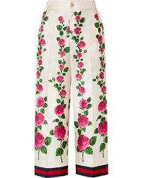 Beige Floral Silk Wide Leg Pants