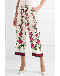 Gucci Cropped Med Floral Print Silk Twill Wide Leg Pants