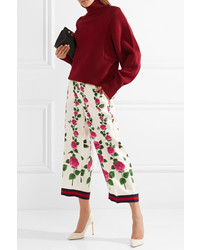 Gucci Cropped Med Floral Print Silk Twill Wide Leg Pants
