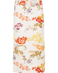 Rosie Assoulin Belted Floral Print Cotton Blend Faille Skirt Cream
