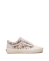 Beige Floral Suede Low Top Sneakers