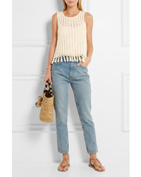 Madewell Fringed Open Knit Cotton Blend Top Cream