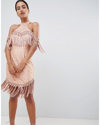 In The Style Tassel Cold Shoulder Lace Mini Dress