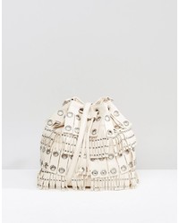 Beige Fringe Bucket Bag