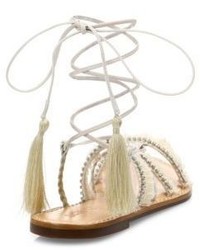 Schutz Jolina Embellished Fringe Lace Up Flat Sandals